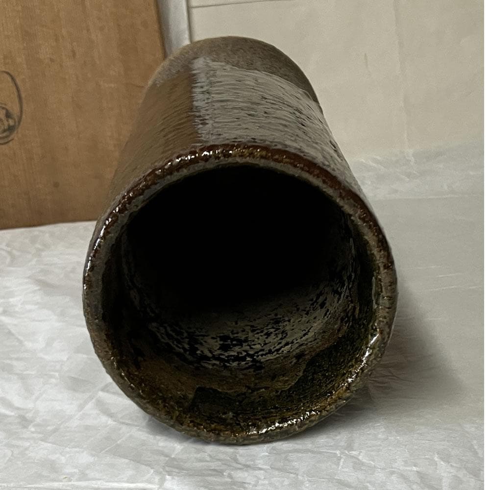 e3140 九代 大樋長左衛門 筒形花入 共箱 高さ24.7cm 花入 茶道具