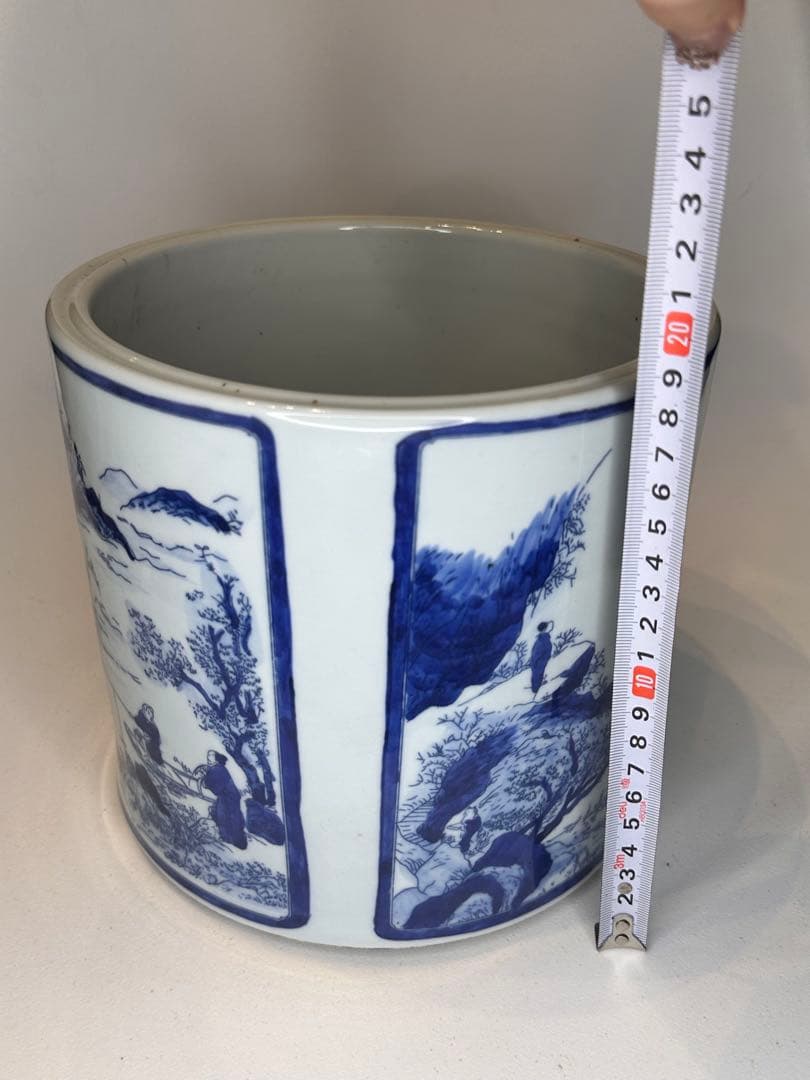 大清康熙年製底款 青花染付 建水 缸 四面開窓人物山水図 时代物 中国古美術