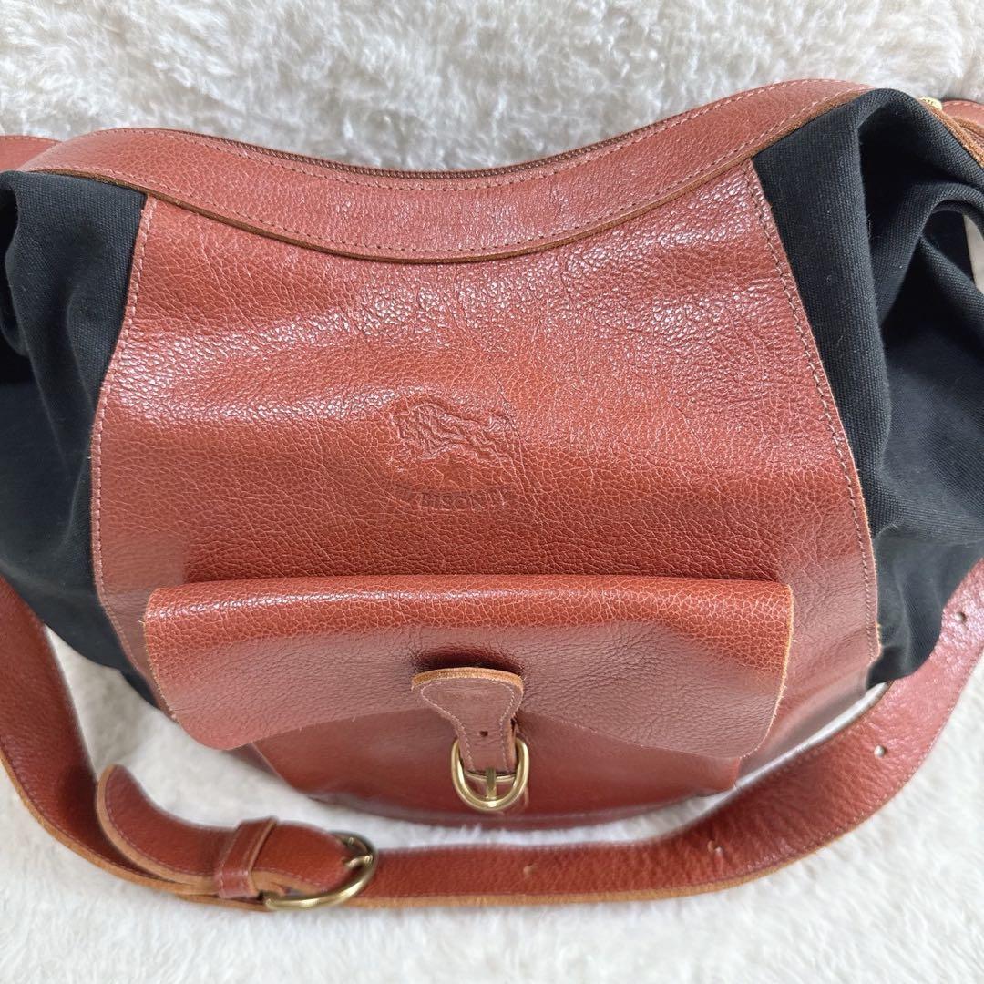 【美品】　IL BISONTE ショルダーバッグ レザー×キャンバス ブラウン