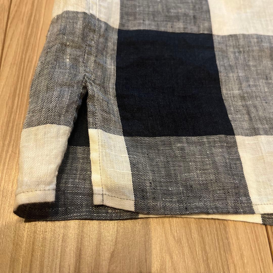 【美品】マーガレットハウエル チェックリネン半袖シャツ サイズ１ネイビー 丸襟