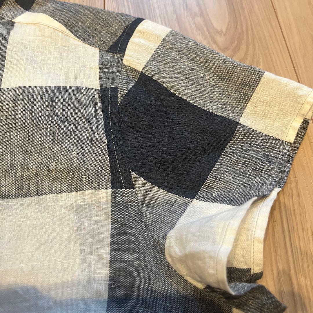 【美品】マーガレットハウエル チェックリネン半袖シャツ サイズ１ネイビー 丸襟