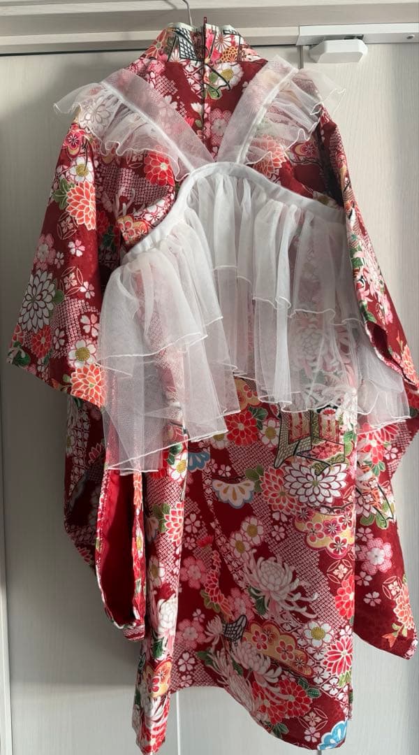 キャサリンコテージ　チュールフリルエプロン+着物ワンピース　セット　120