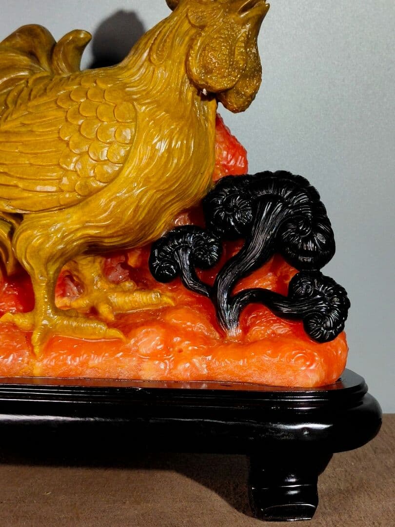 天然カラスの皮赤田黄手作り高レリーフ[金鶏暁を告げる]大置物2