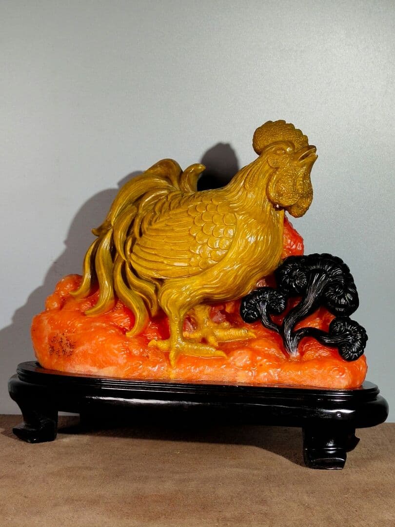 天然カラスの皮赤田黄手作り高レリーフ[金鶏暁を告げる]大置物2