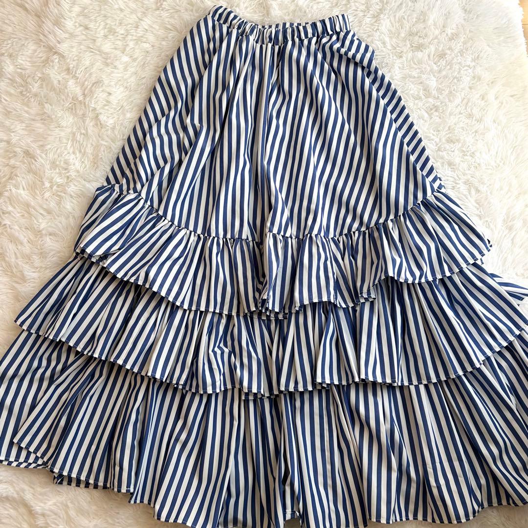 25SS PERNA ストライプティアードスカート フリーサイズ ロング ブルー