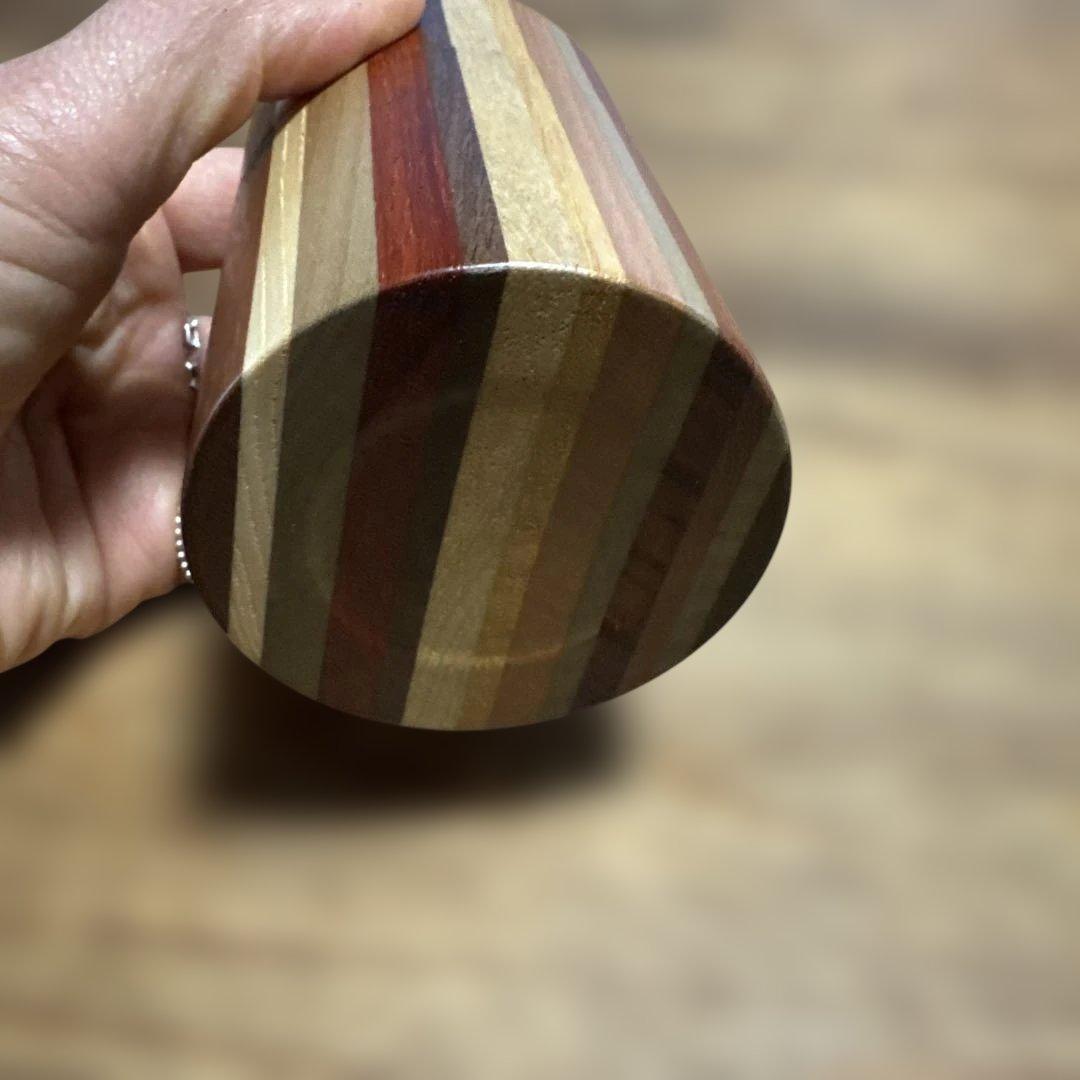 【未使用】箱根寄木細工 茶筒（中蓋付き） シマ模様 伝統工芸品 天然木 無垢作り