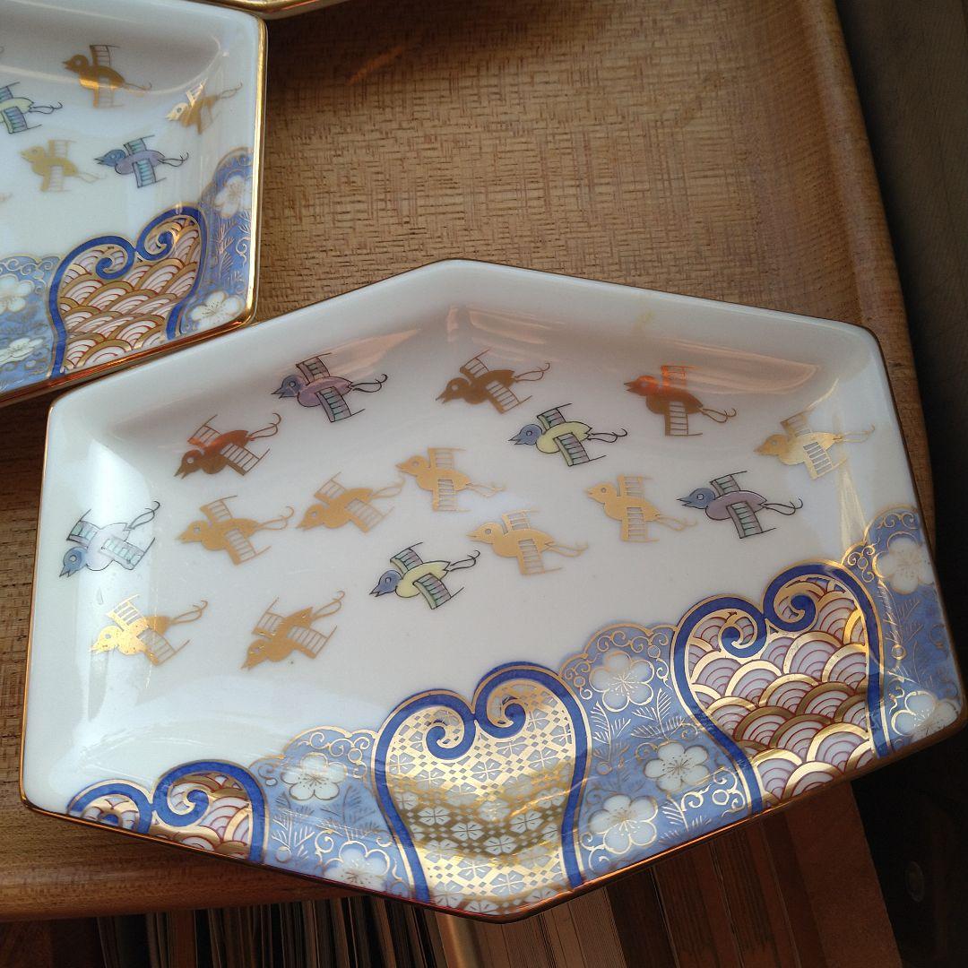 【未使用】有田焼 其泉賞美堂金彩色絵千鳥祥瑞長角皿５枚セット銘々皿古伊万里