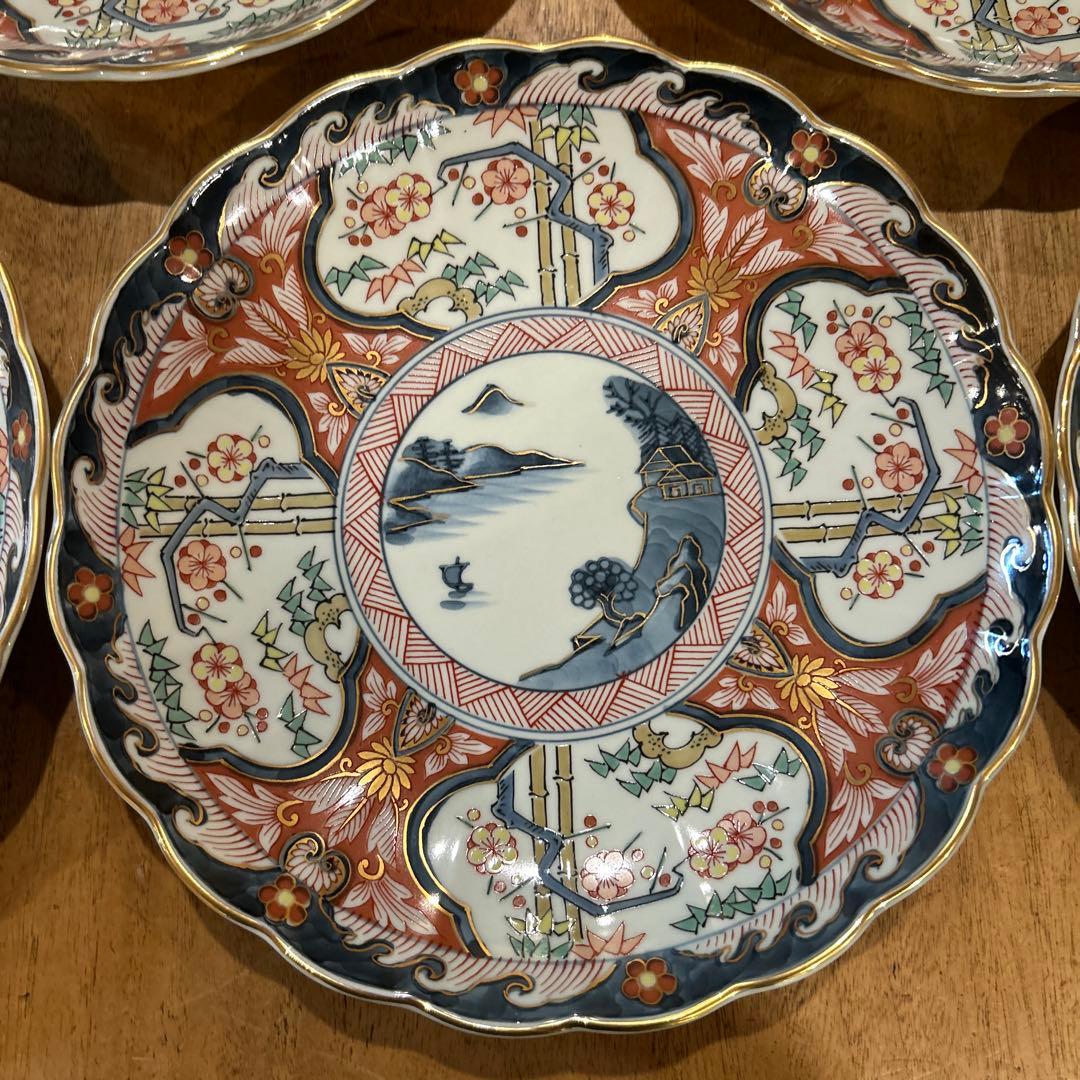 有田焼　隼木谷清右衛門　山水古伊万里絵付　菊形皿　五枚