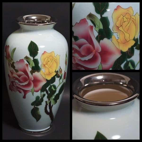 安藤七宝店 黒翠七宝『薔薇文』有線七宝花瓶 高さ31㎝★美品★