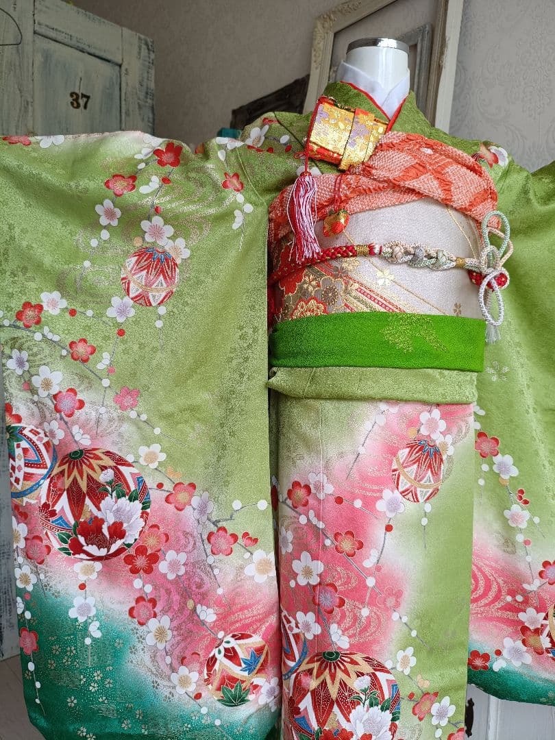 専用です☆抹茶色☆正絹着物とゴールド系袋帯☆七五三セット
