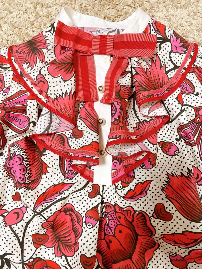 GUCCI グッチ　シャツワンピース　パールボタン　フリル　花柄　赤　ピンク