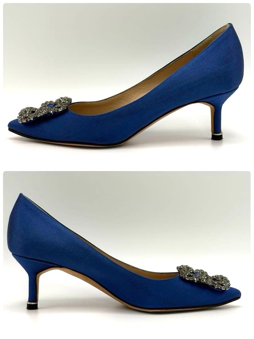 【美品】マノロブラニク　ハンギシ　ロイヤルブルー　サテンパンプス