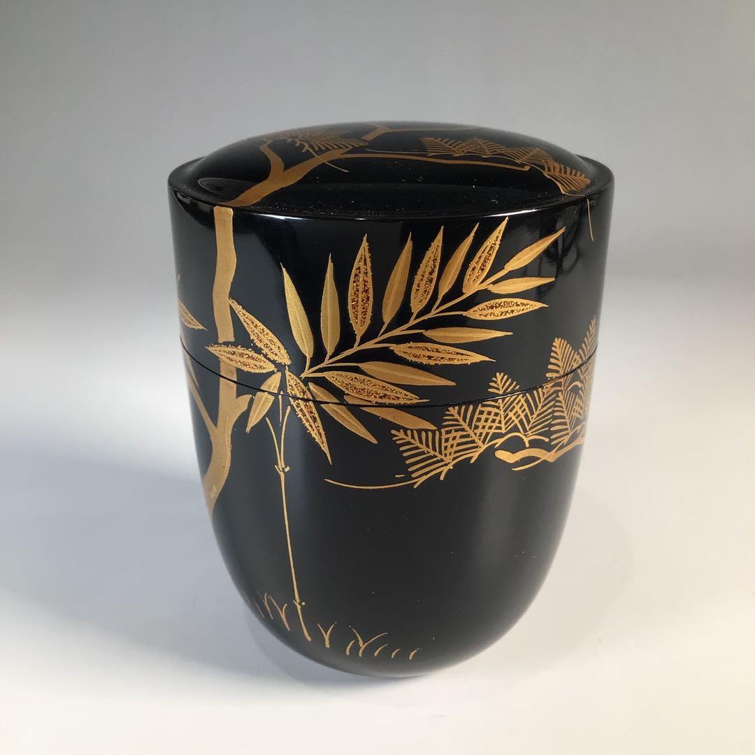 Ｍ８１１　茶入　『和田瑾斎作』『黒漆塗』『松竹蒔絵』『腰高茶入』　共箱　茶道具