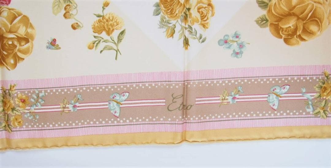 定価６万★未使用ETRO★お花★蝶シルクスカーフ90エトロ黄ヴィンテージイタリア