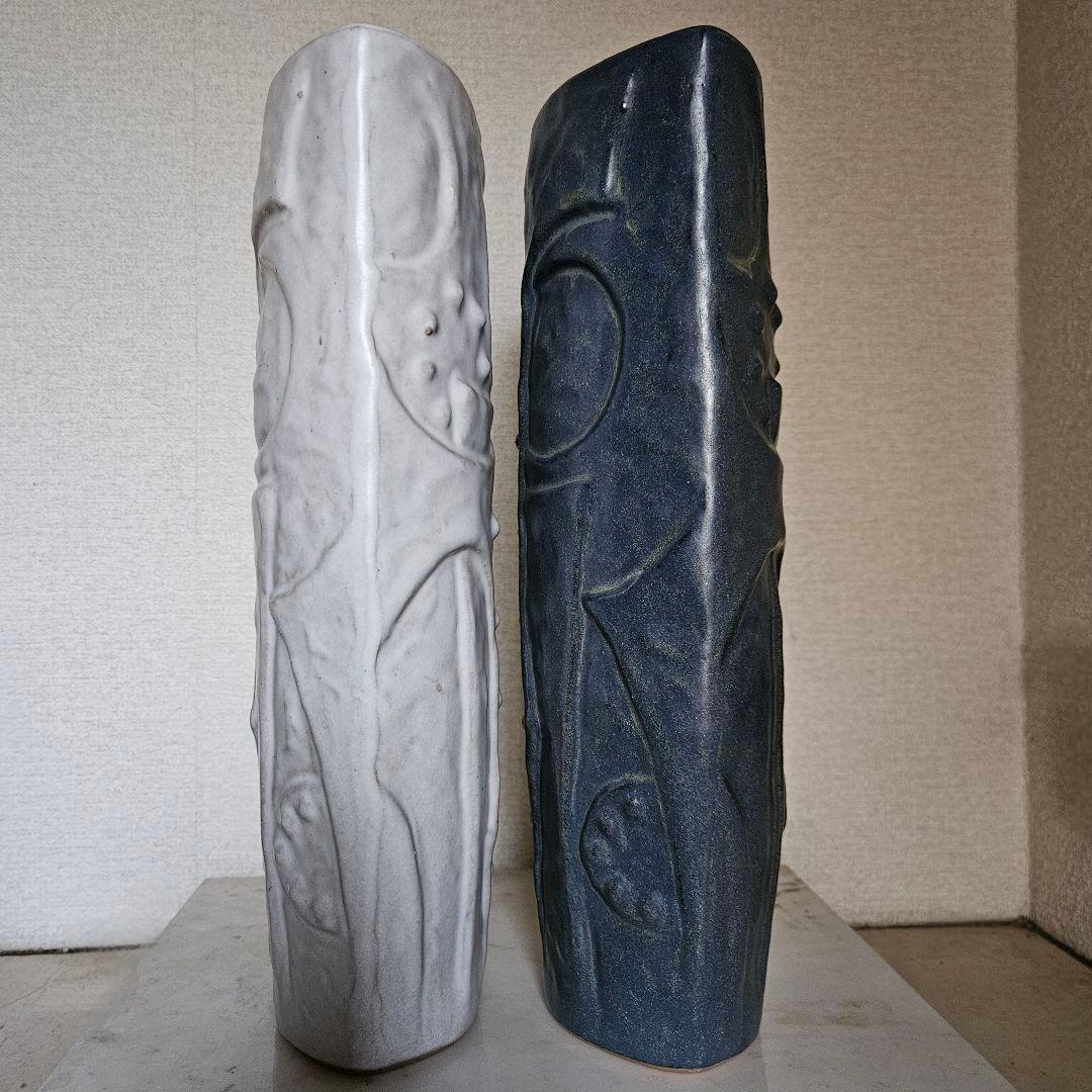 訳あり☆Akanbi 花瓶 2点セット ネイビー＆ホワイト 陶器製 円筒 作家物