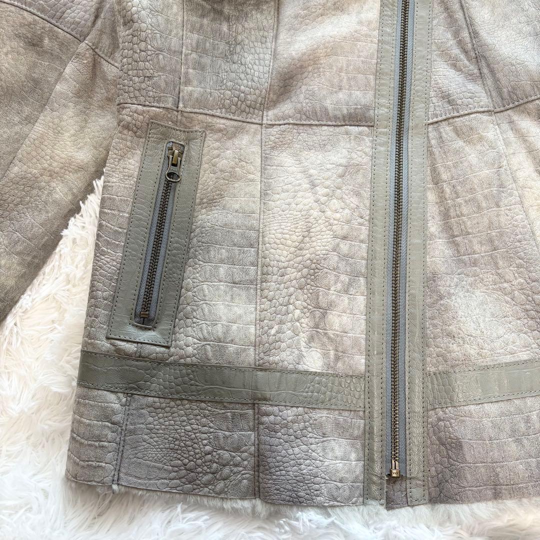 【美品】ラムレザージャケット ラビットファー クロコ型押し グレー ビッグカラー