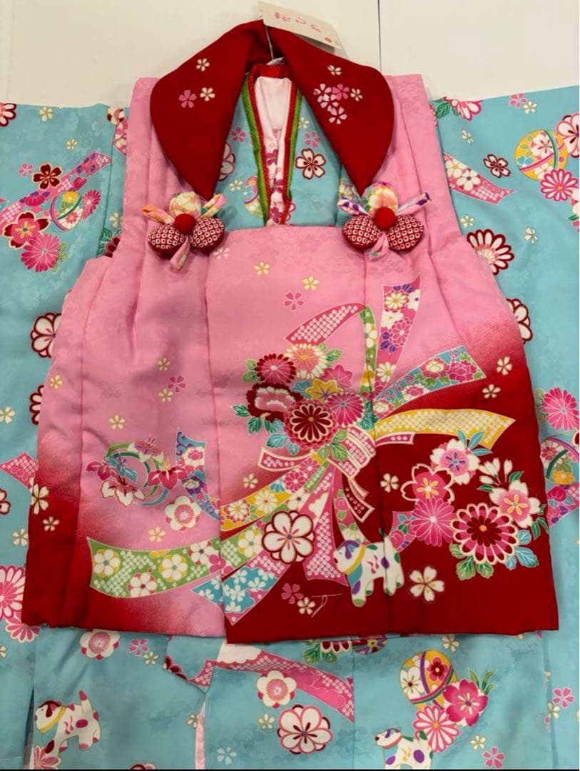 七五三　女の子　はなひめ　水色着物　カラフル　桜　熨斗目　狛犬　新品