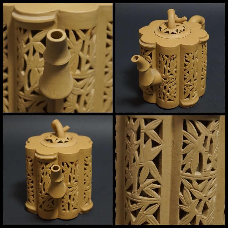 中国宜興 名工 範澤春作 細工透かし彫り『竹彫鏤空』 造形紫砂壺 朱泥急須