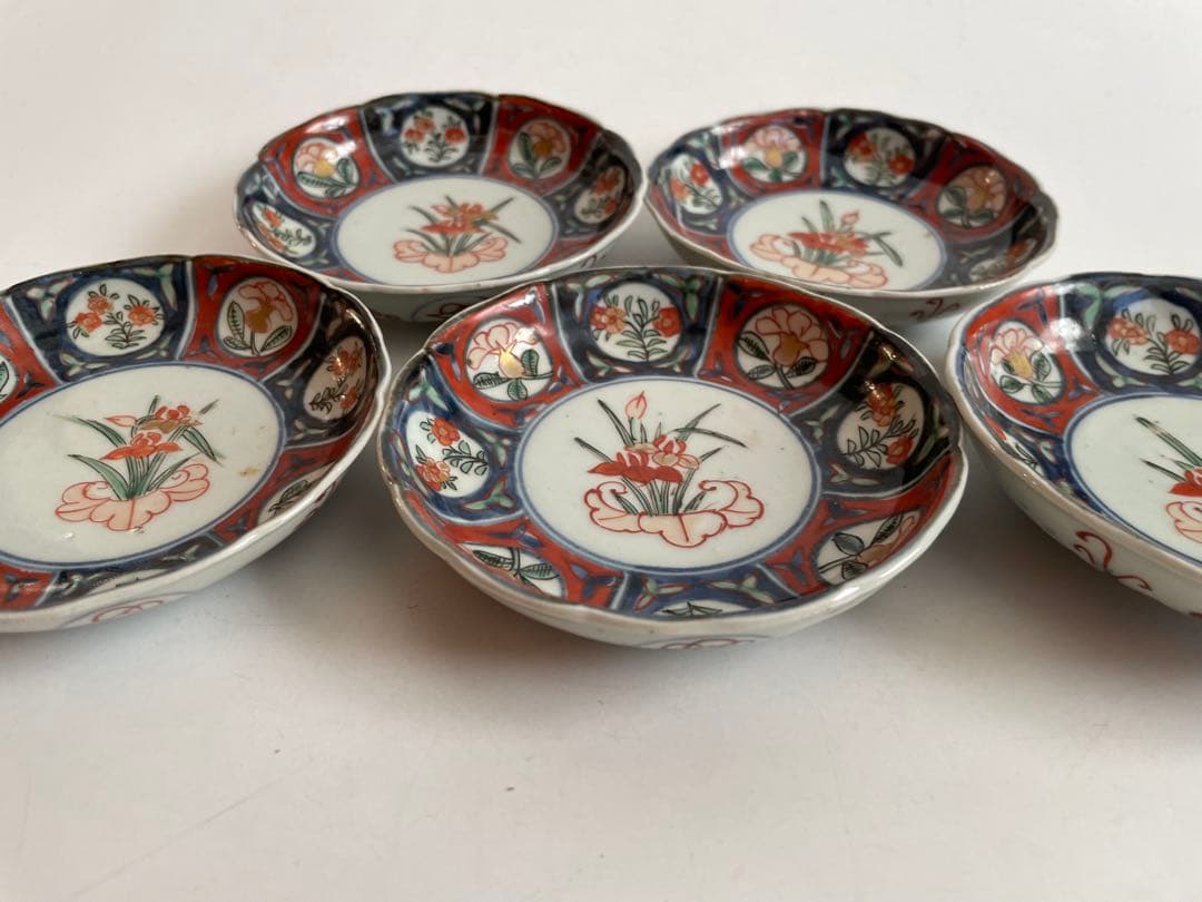 骨董　アンティーク　古伊万里　色絵　芙蓉手　菖蒲図　小皿　5枚