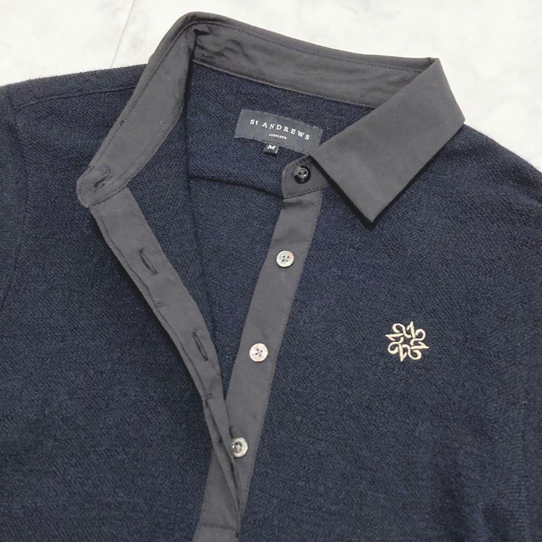 St ANDREWS 襟切替長袖ポロシャツ ハーフボタン 大人綺麗めゴルフウェア