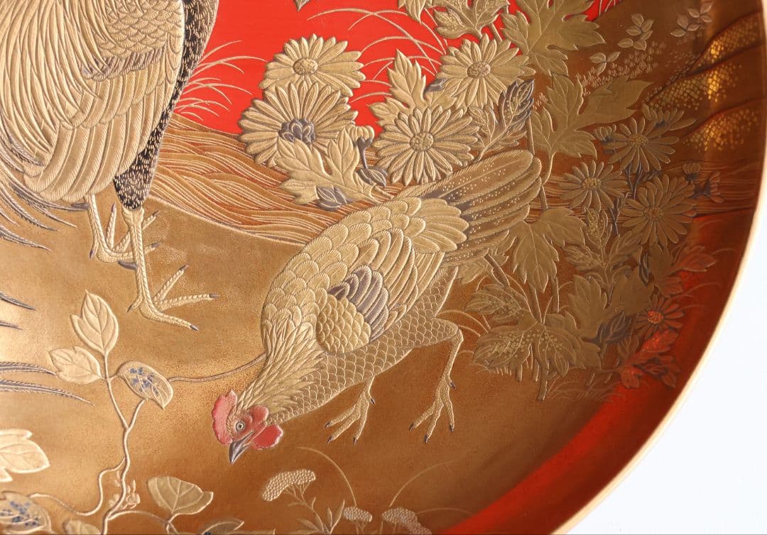 【MB183】加賀蒔絵 花鳥本金蒔絵 大盃 盃台 天然木漆塗 鶏 松竹梅 鶴霊芝