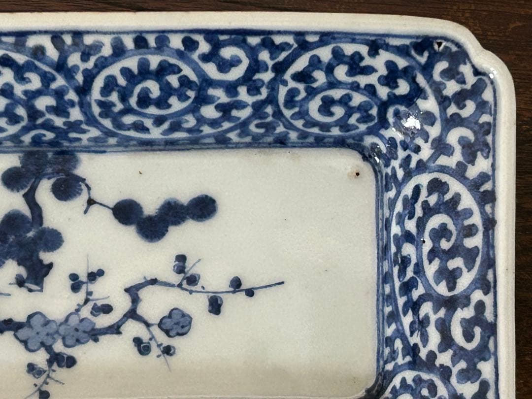 古伊万里　染付　蛸唐草松梅文長皿　江戸中期　❶
