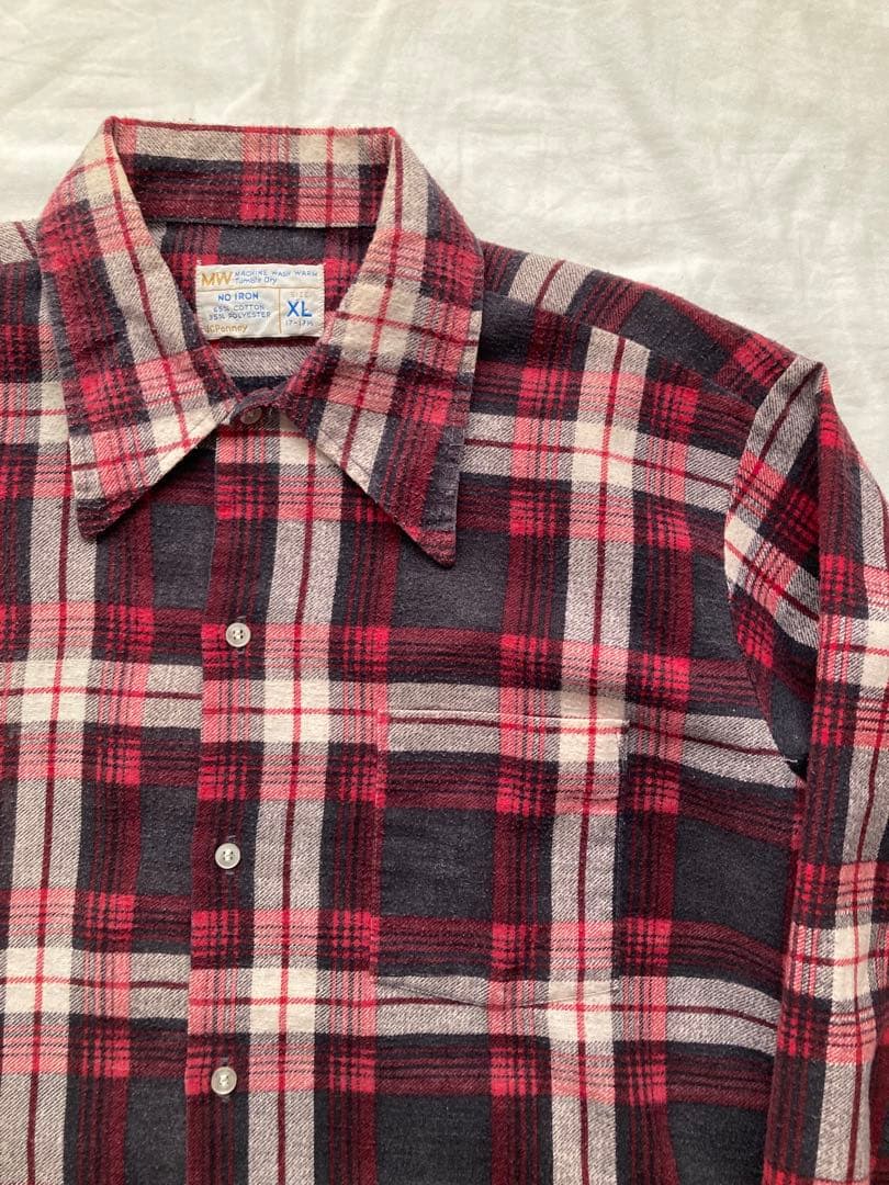 【希少】70s JC PENNY プリントネルチェックシャツ XL 赤系 長袖