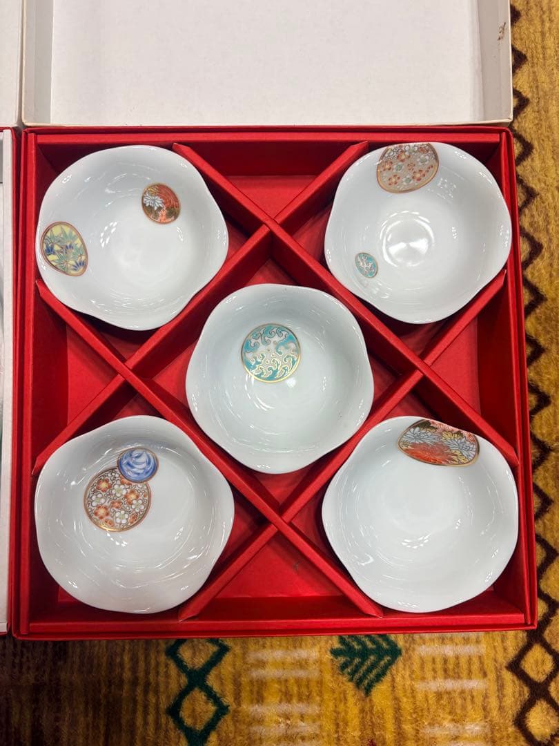 深川製磁 寿赤絵 小皿 5枚 紅寿1枚　未使用 箱付