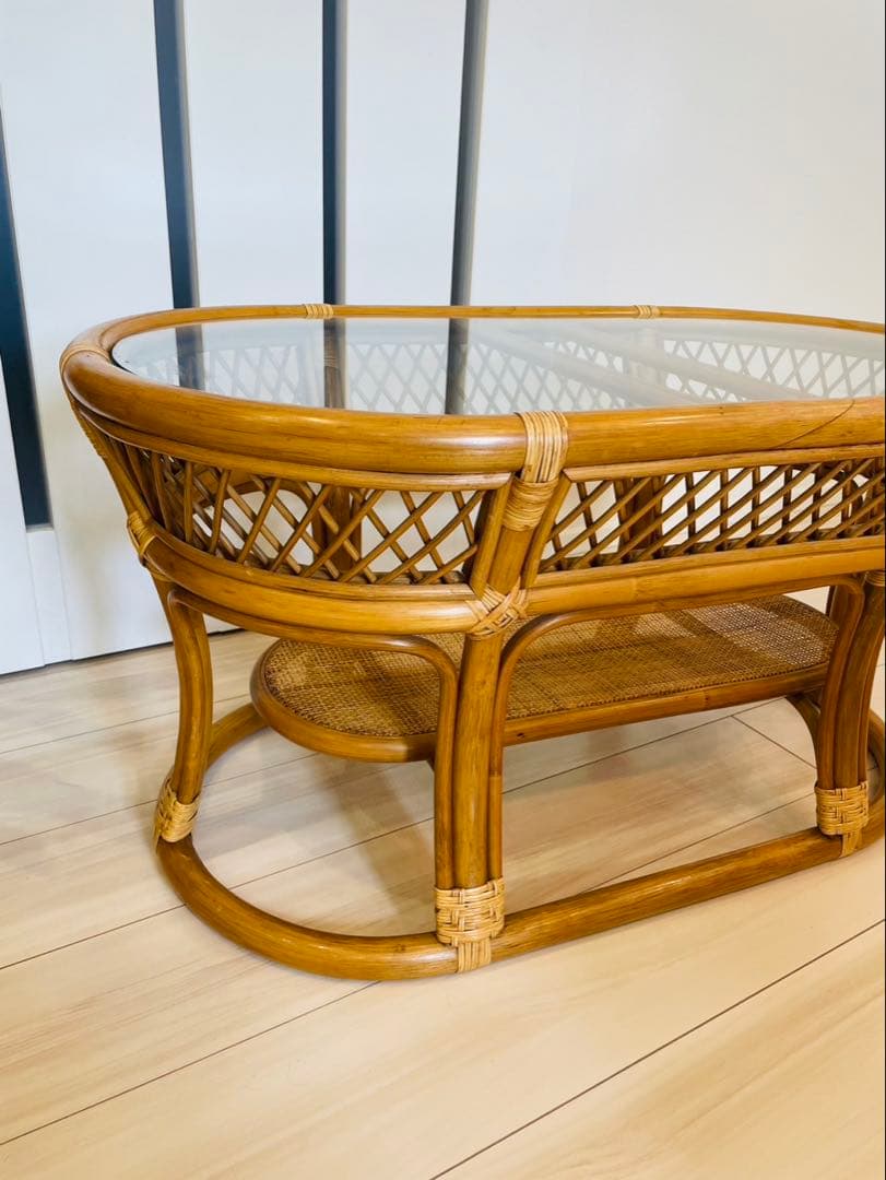 コイズミ　ラタン　ガラステーブル　アンティーク