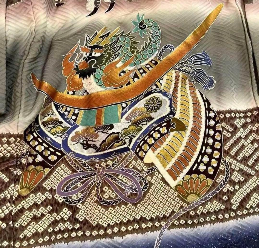 【極美品】お宮参り 産着 男の子 初着 正絹 鷹 兜 宝尽くし 濃紺 縁起