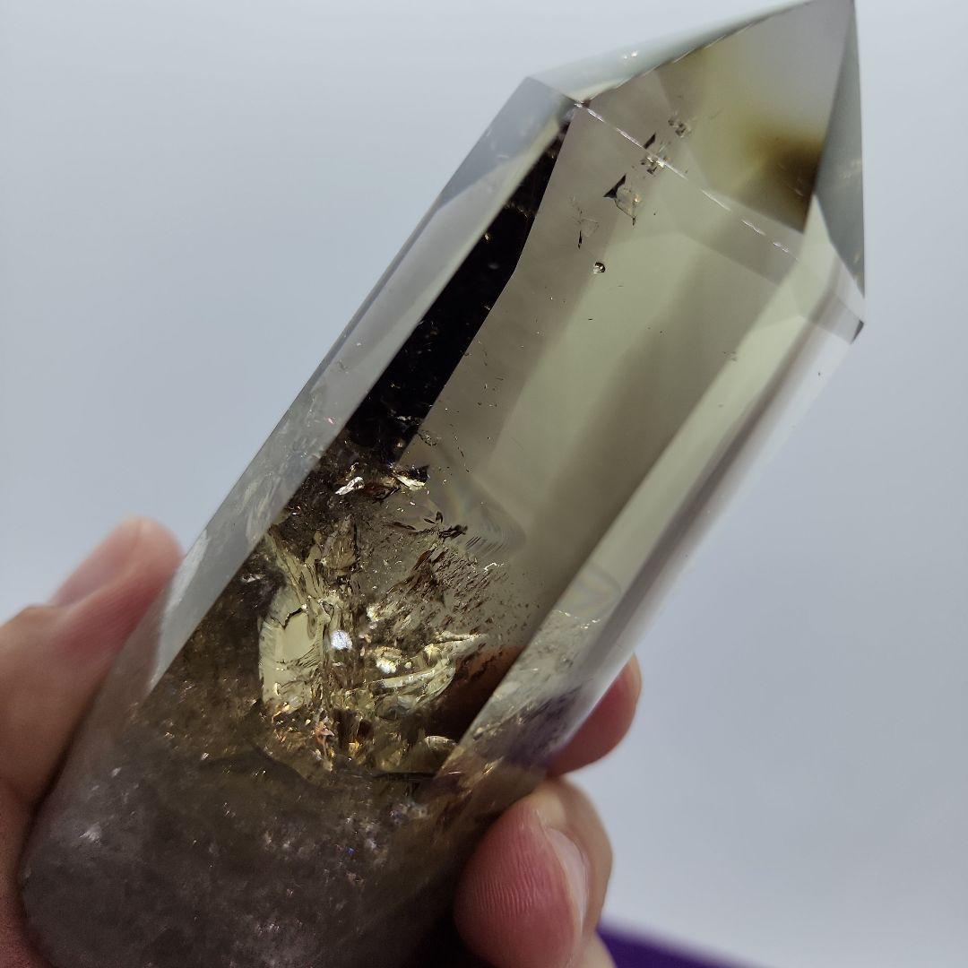 スモーキーシトリンファントム入水晶ポイント2本セット・専用木製台座付き