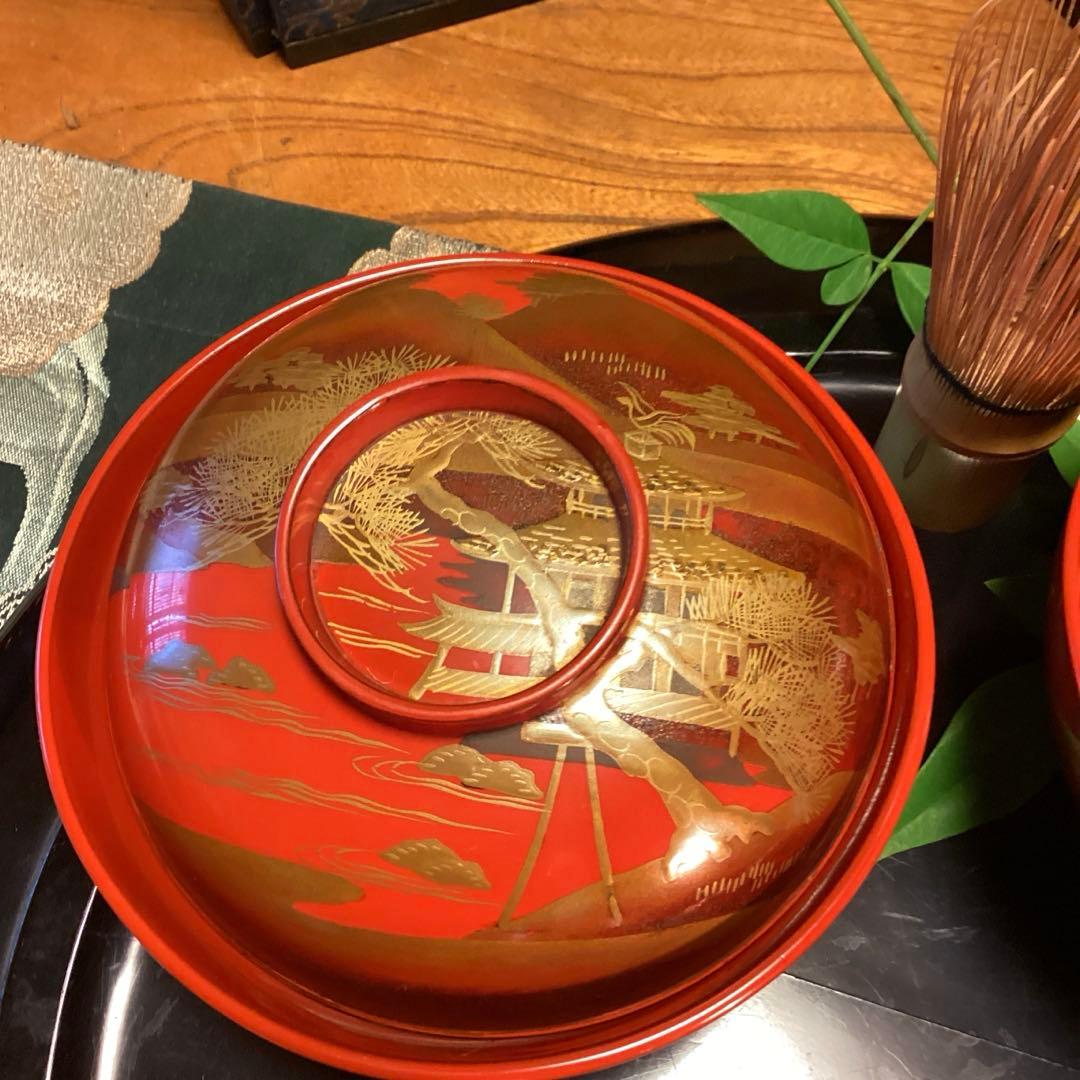 A903木製輪島塗　懐石道具　赤　古典風景蒔絵　『塗師銘仁左衛門』　4客