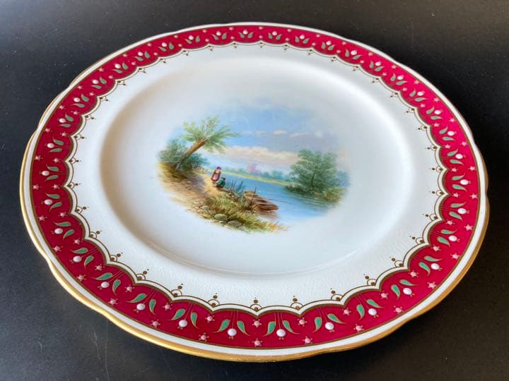 ミントン　バーガンディレッド　風景絵図飾皿　エナメル七宝金彩装飾　プレート　大皿