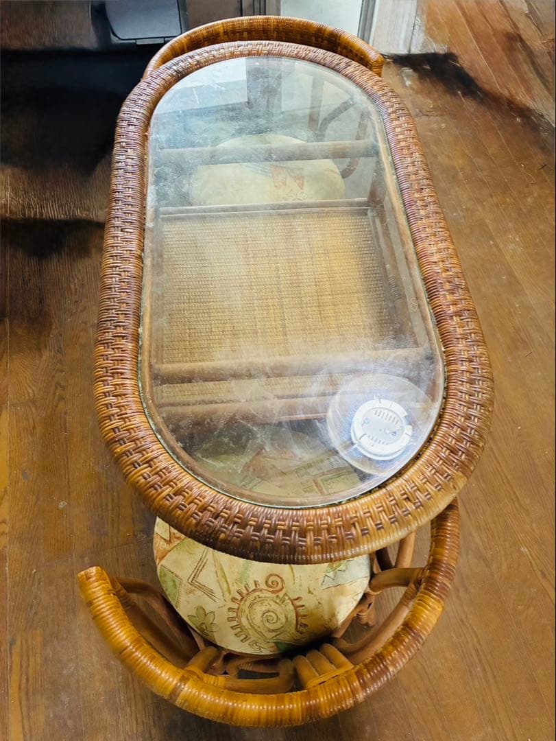 福岡発 ラタン　ガラス ダイニングテーブル チェア2脚セット 食卓机椅子 セット