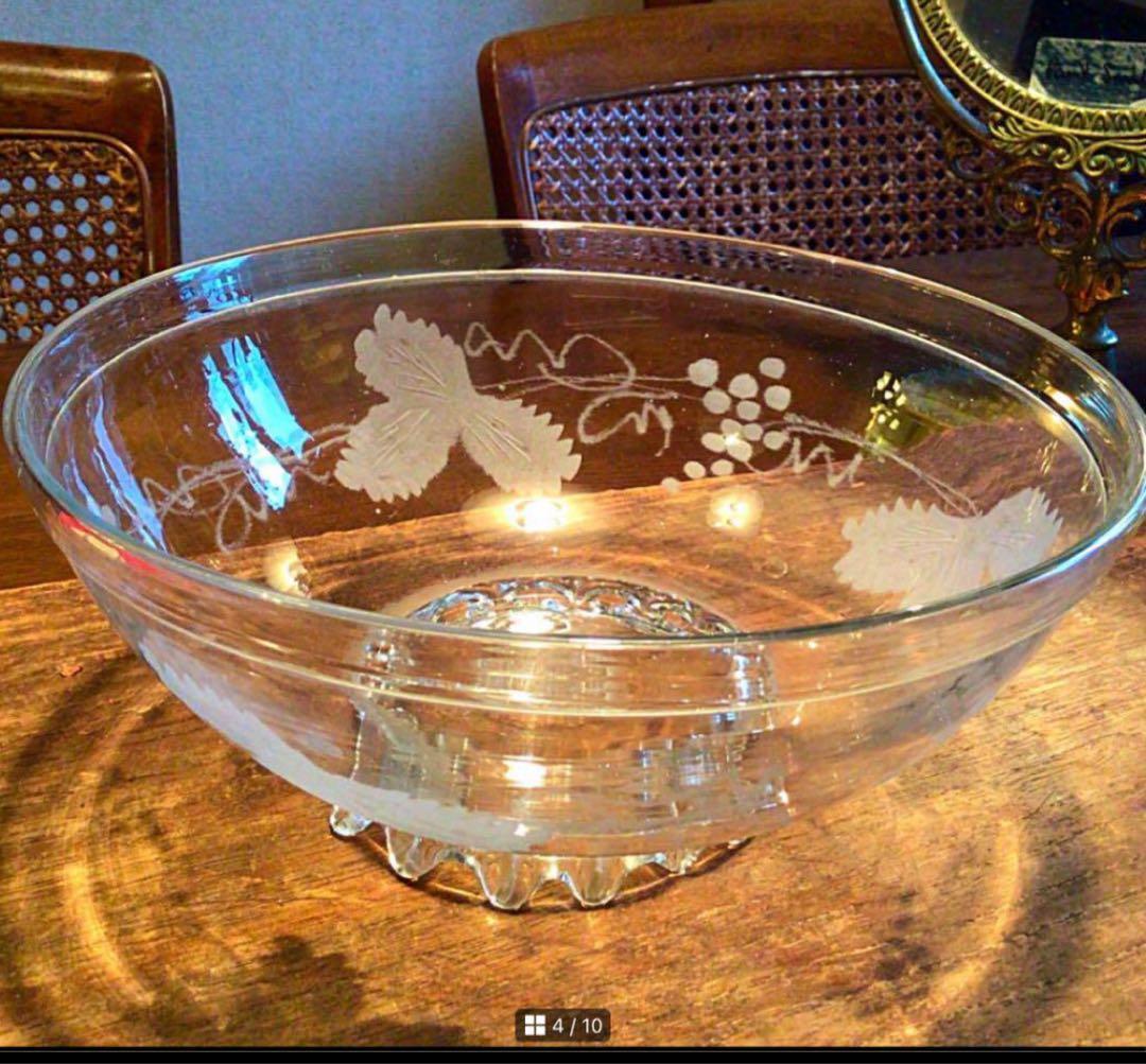 A366 アンティーク吹きガラス　グラグヴール　カットガラス　葡萄紋様　鉢　1客