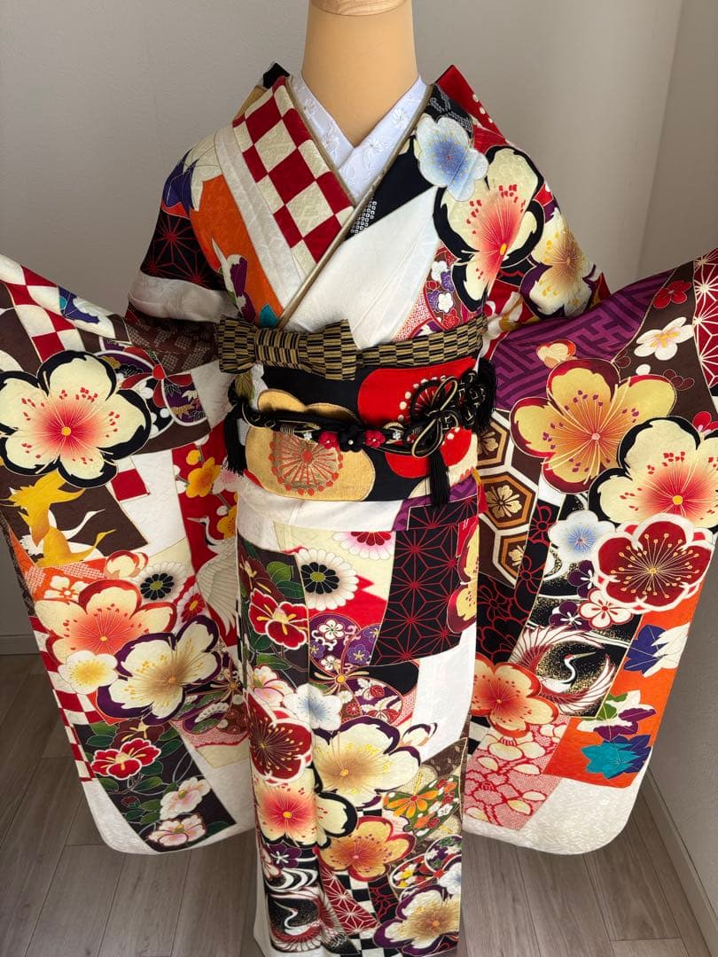 とあ⭐️振袖フルセット　正絹振袖　成人式　レトロ感　クリーニング済み