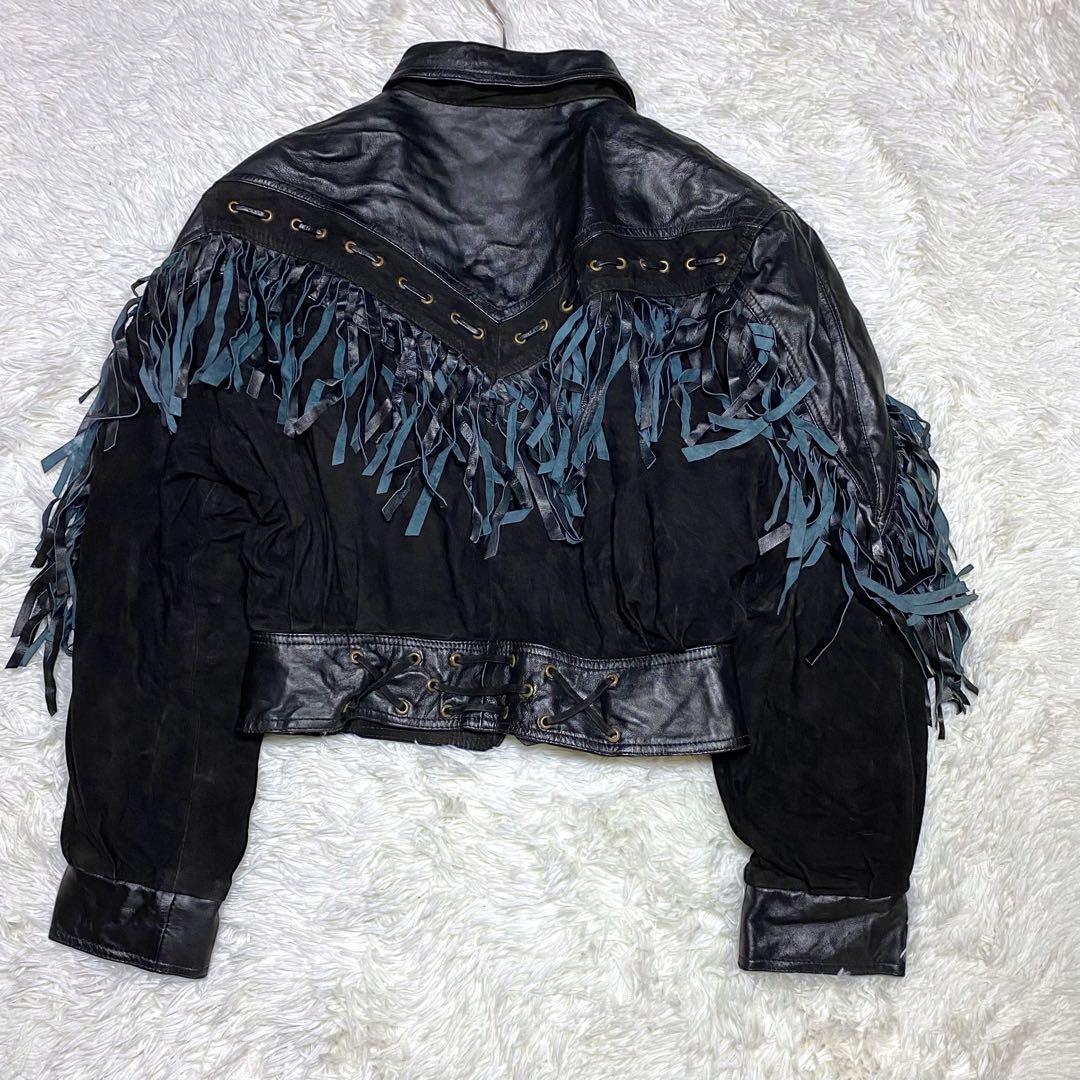 y2k フリンジ レザージャケット ヴィンテージ 本革 ステッチ 異素材 黒