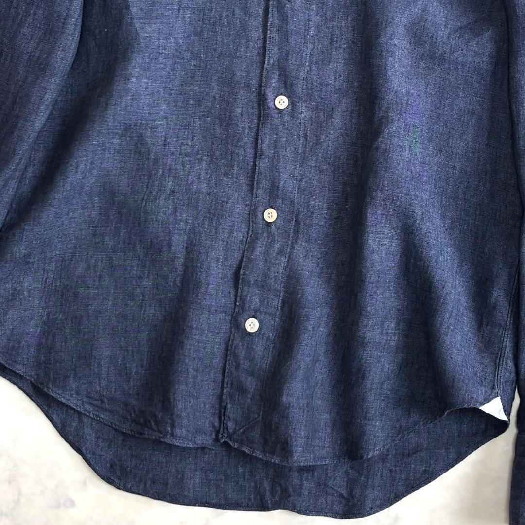 フィナモレ リネン ホリゾンタルカラー 長袖シャツ ネイビー サイズS tw2