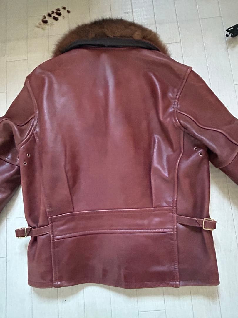 レザーライダース革ジャン赤茶色ブラウンファー付きビンテージ