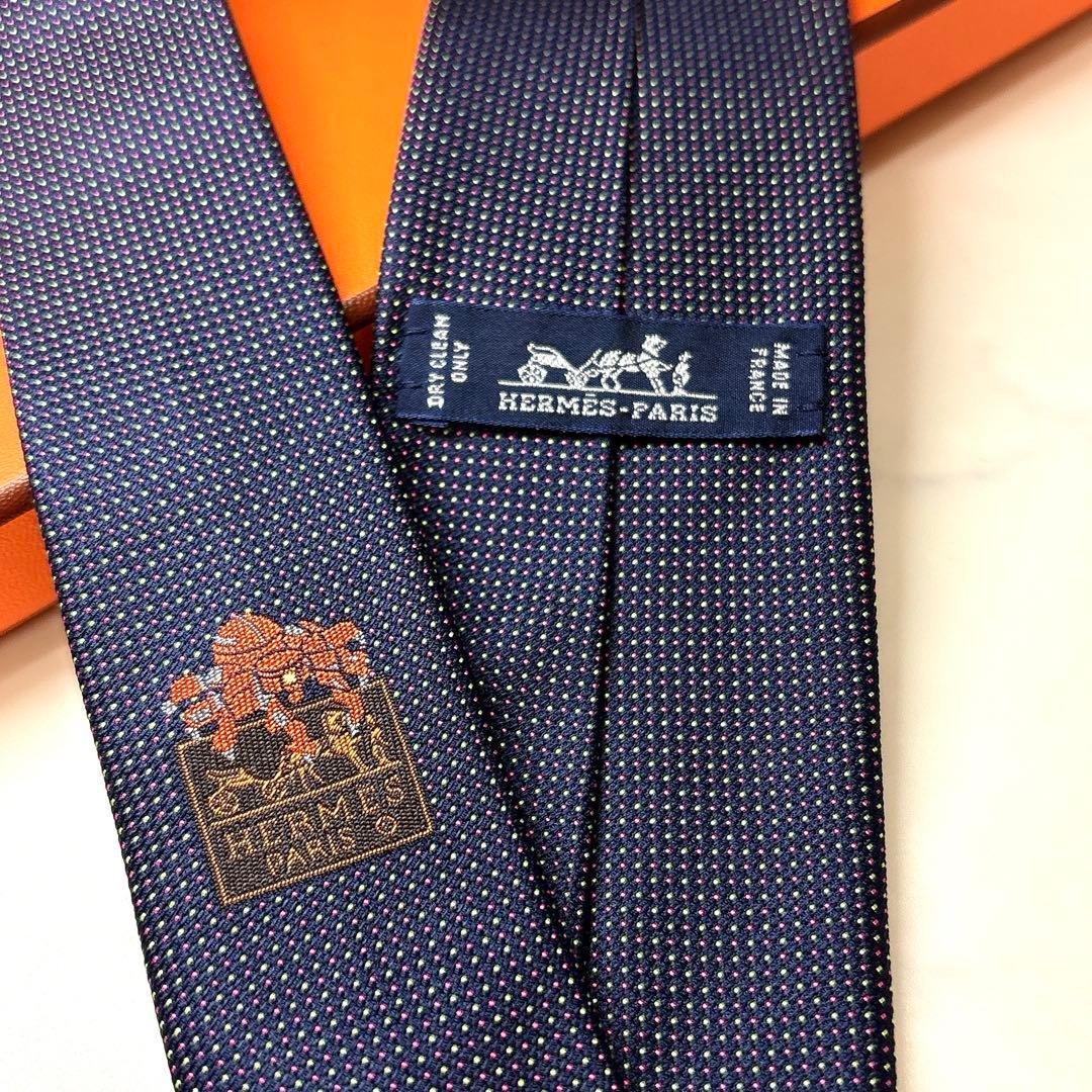 未使用 エルメス ジャガード織 ネクタイ マイクロドット ネイビー 箱付