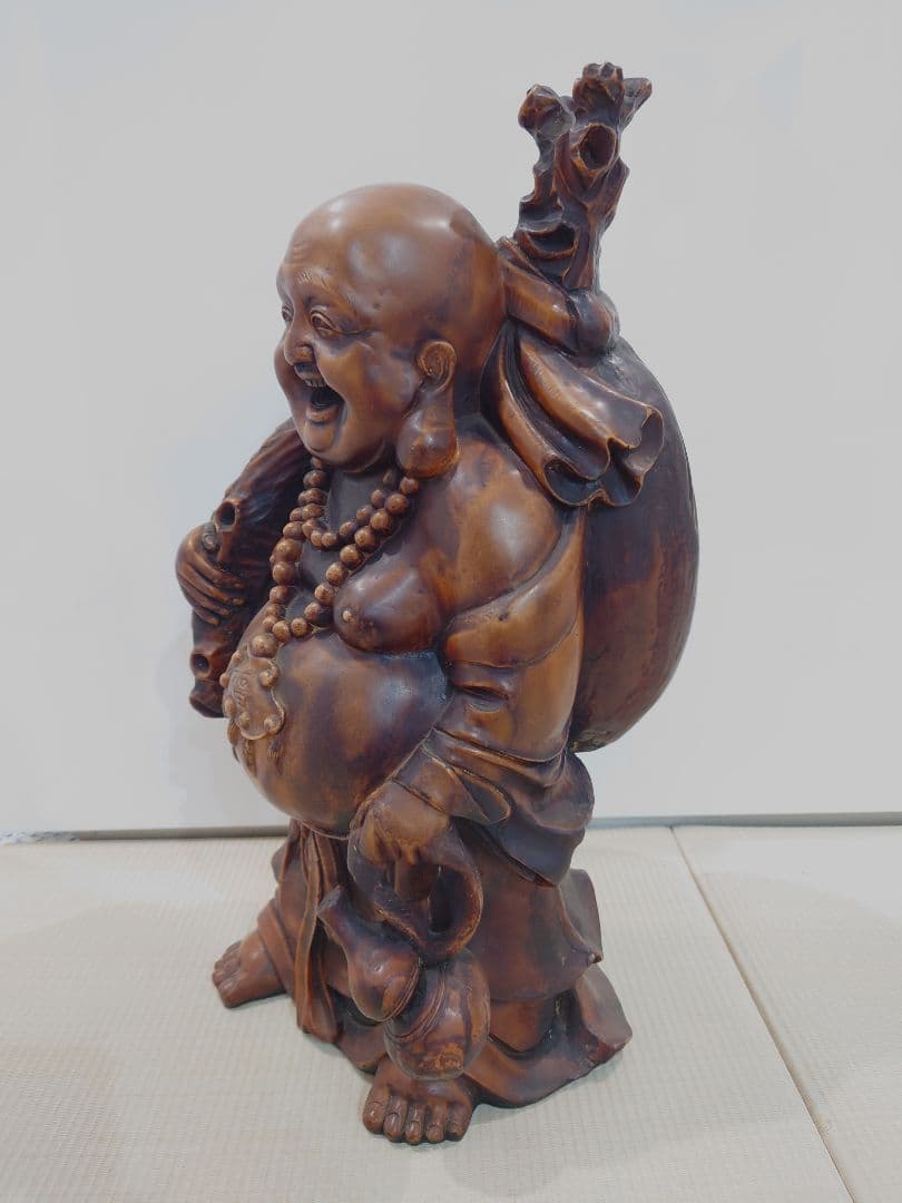 中国古玩　木彫り　布袋像　黄○袋　高さ61㎝　重量約15㎏
