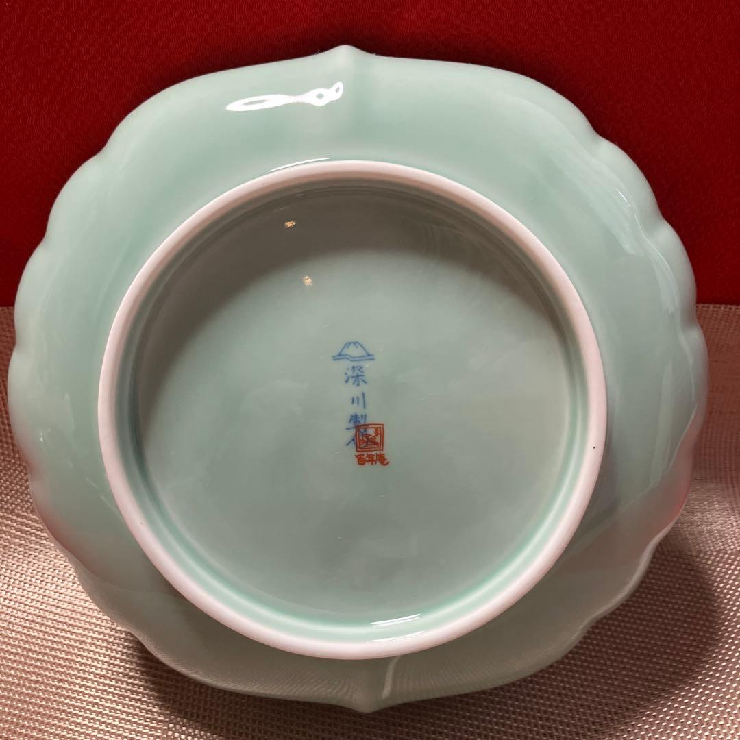 深川製磁　百年庵　笹青磁　菊中割６号鉢　菊割盛鉢