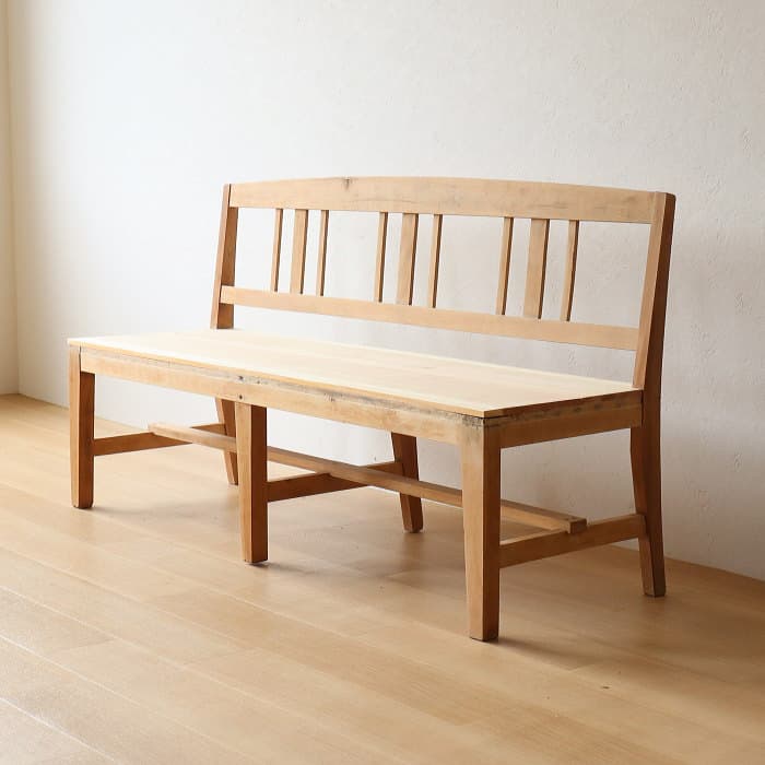 アンティーク 無垢材 背付きベンチ 古家具 無塗装 長椅子 木製