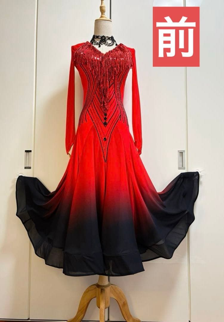 社交ダンス衣装、社交ダンスドレス、赤と黒のグラデーションワンピース