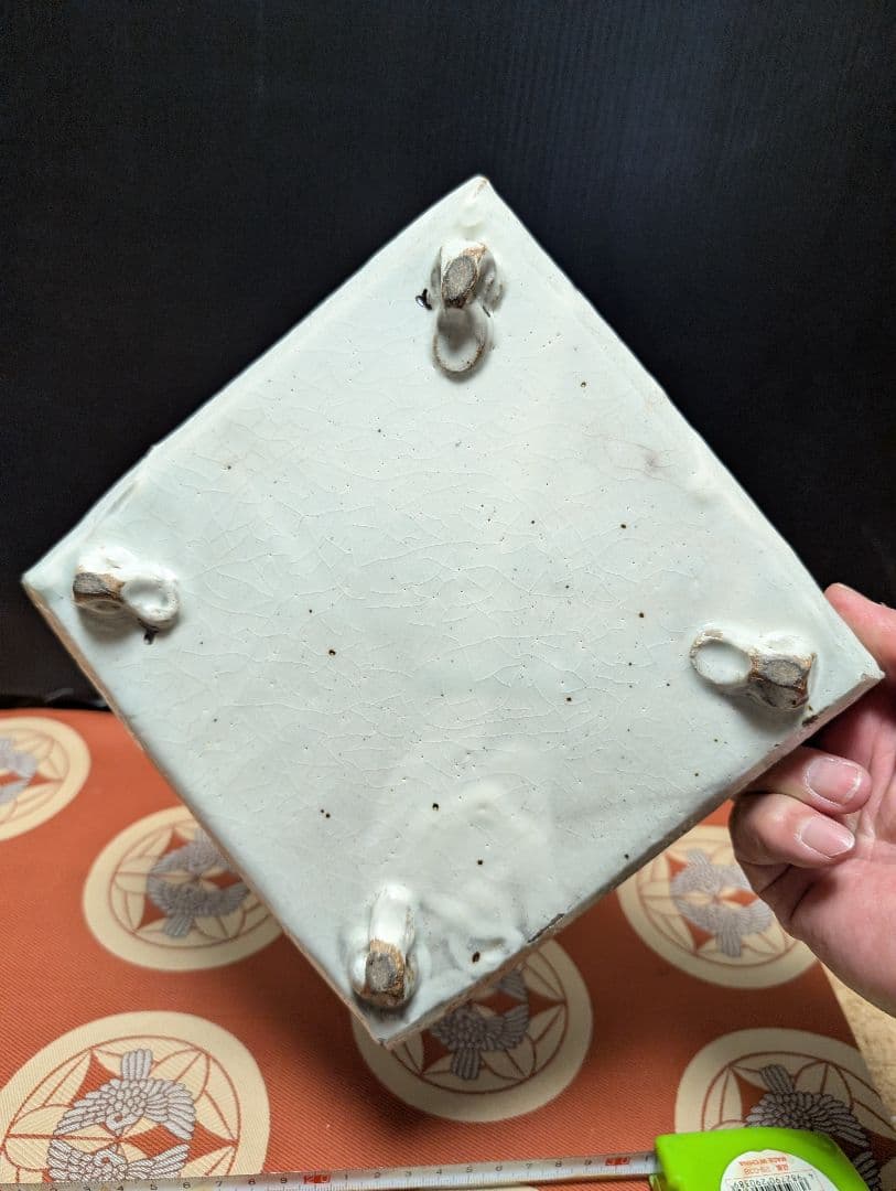 白磁時代物四角形の志野焼陶器皿 約20cm水盤