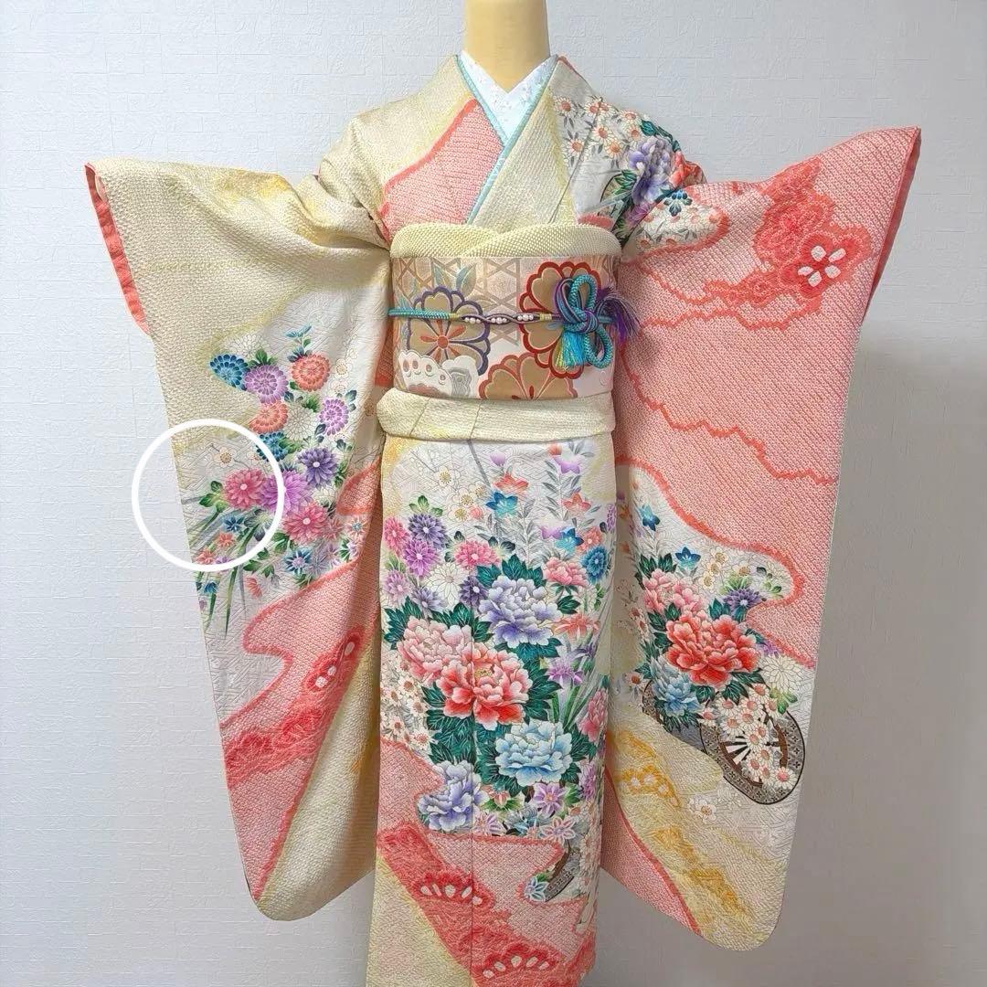 491 振袖フルセット 正絹 コーラルオレンジ クリームイエロー 絞り 金彩