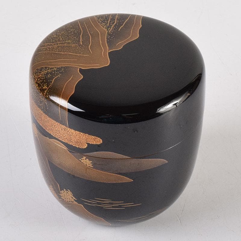 茶道具　漆匠　前端春斉作　山水蒔絵　内銀溜　黒棗　共箱　V　R8487