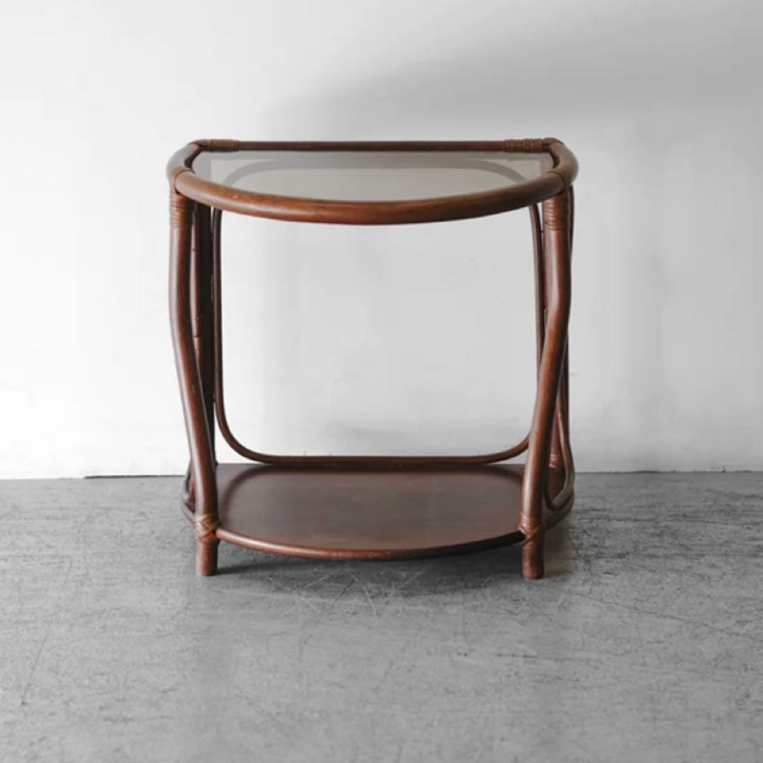 ヴィンテージ　サイドテーブル　シャークアタック　ガラス　コーヒーテーブル　ラタン