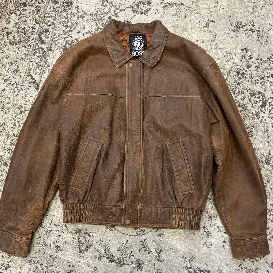 【非売品】初代ボスジャンBOSS本革エンボス加工ロゴ茶sizeLLサントリー