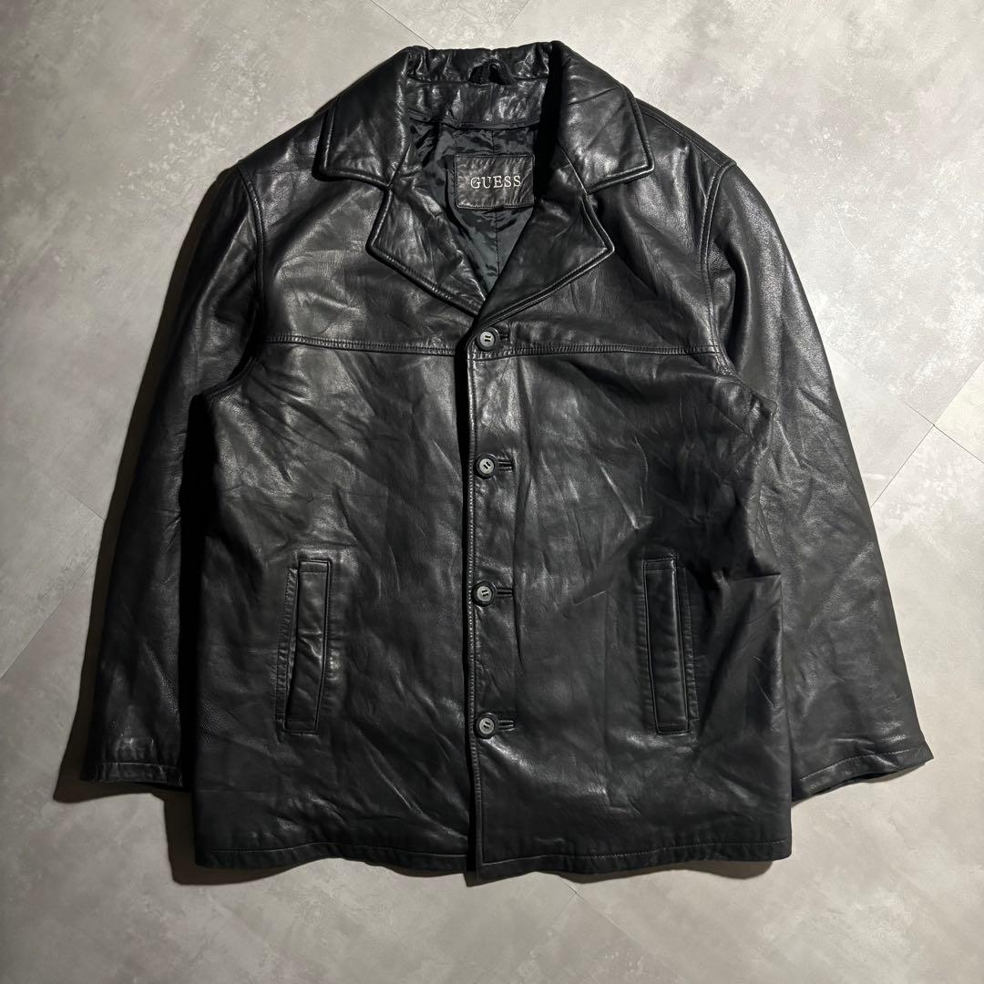 90s - GUESS レザージャケット　革ジャン　レザーカーコート　黒　羊革